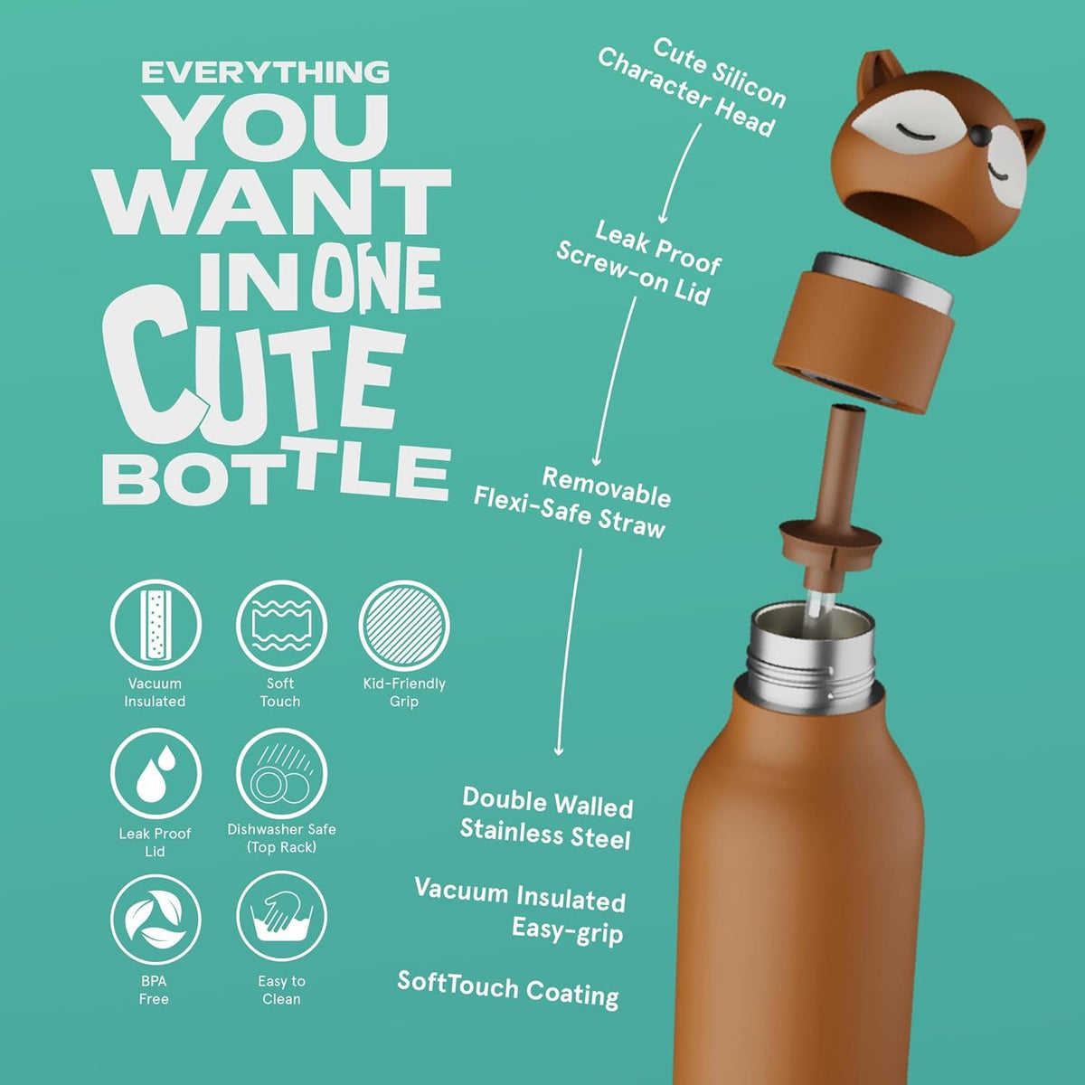 Asobu – Kinder Trinkflasche aus Edelstahl “Bestie Fox”, 460 ml