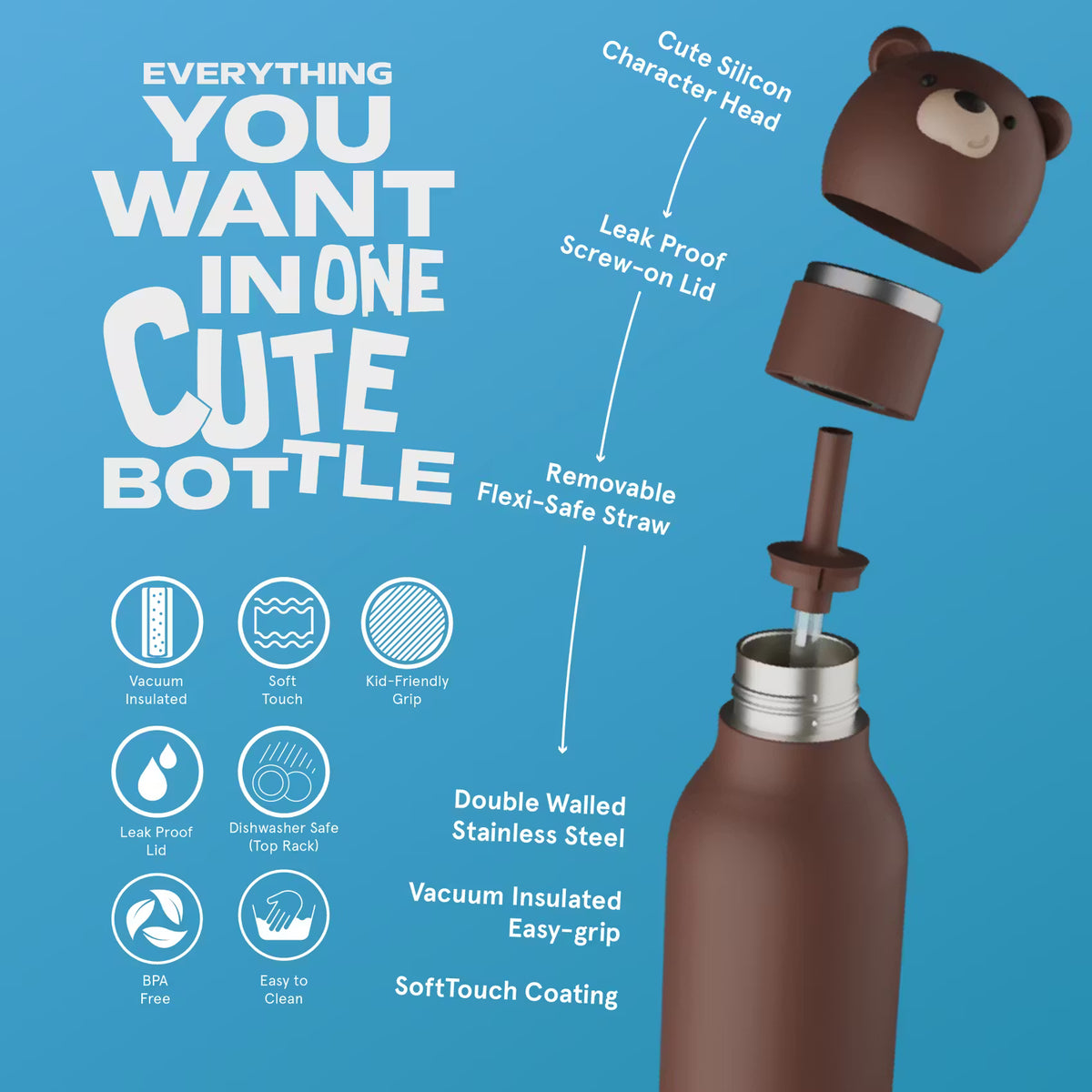 Asobu – Kinder Trinkflasche aus Edelstahl “Bestie Brown Bear”, 460 ml