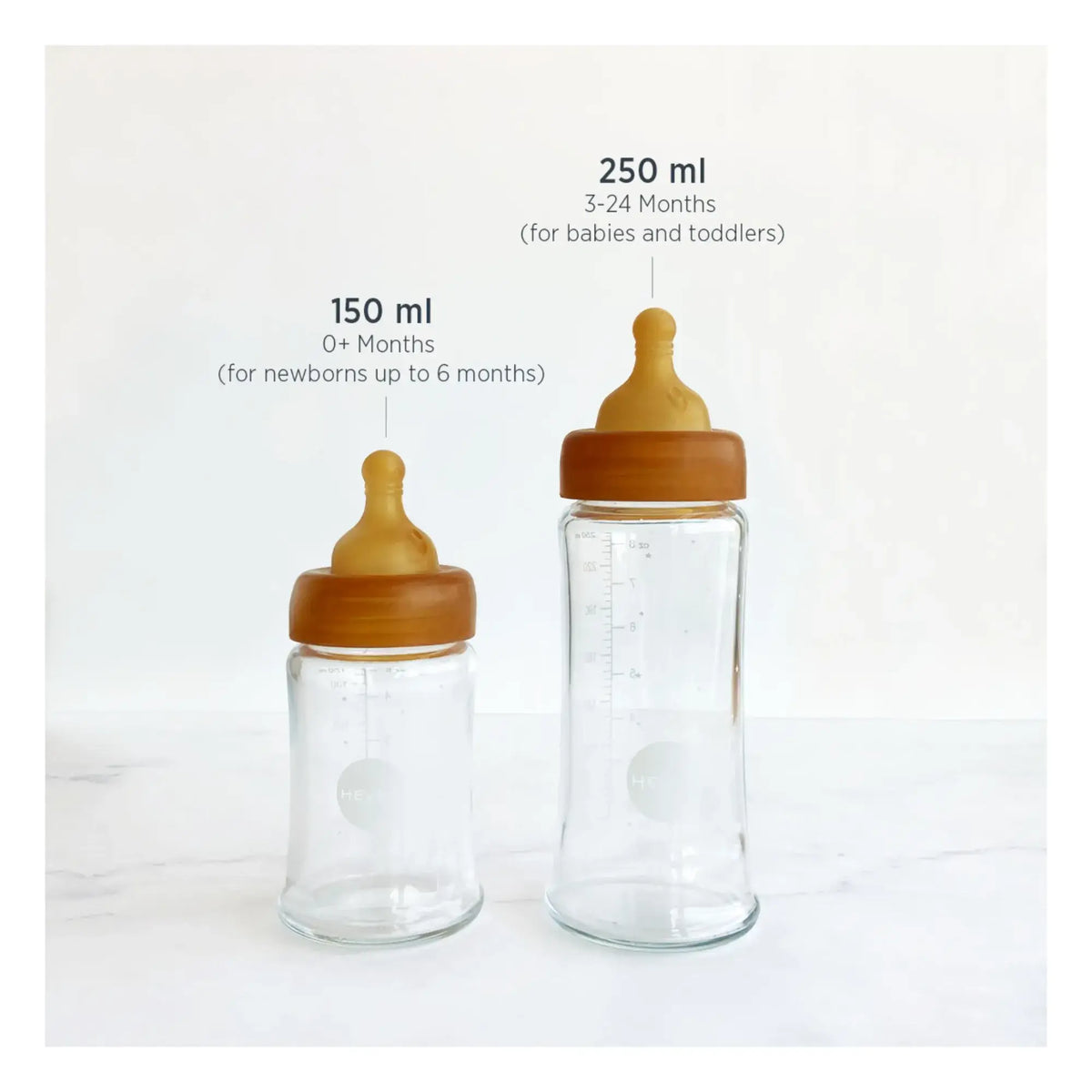 HEVEA - Babyflasche 150 ml, 2er Pack, 100% Glas und Naturkautschuk 