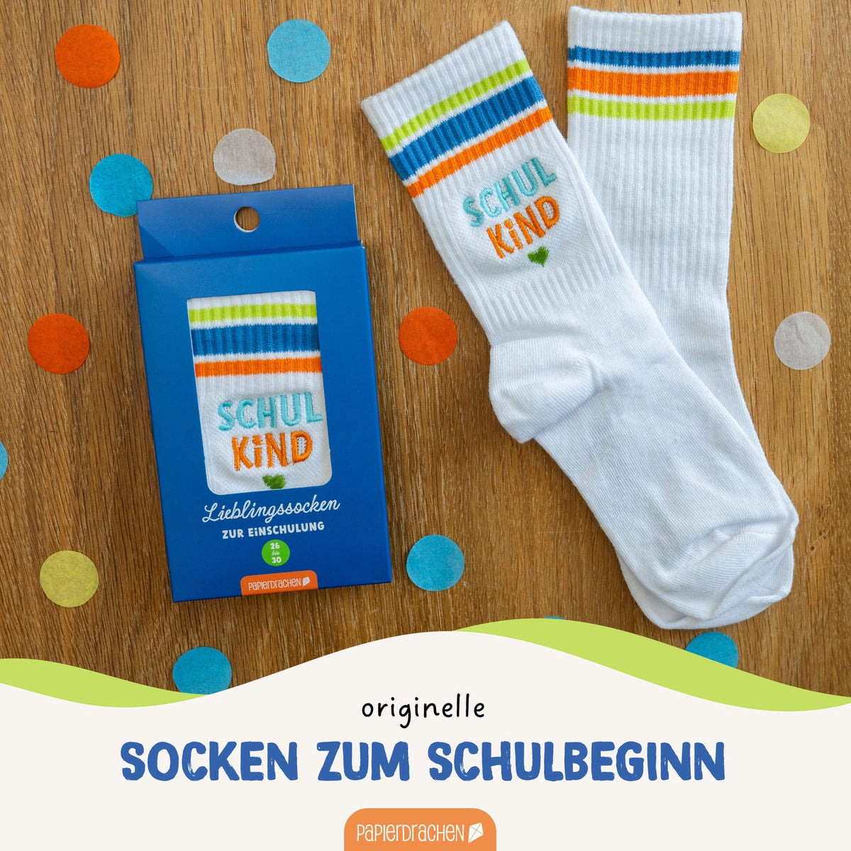 Papierdrachen - Socken zur Einschulung - blau - Endlich bin ich ein Schulkind