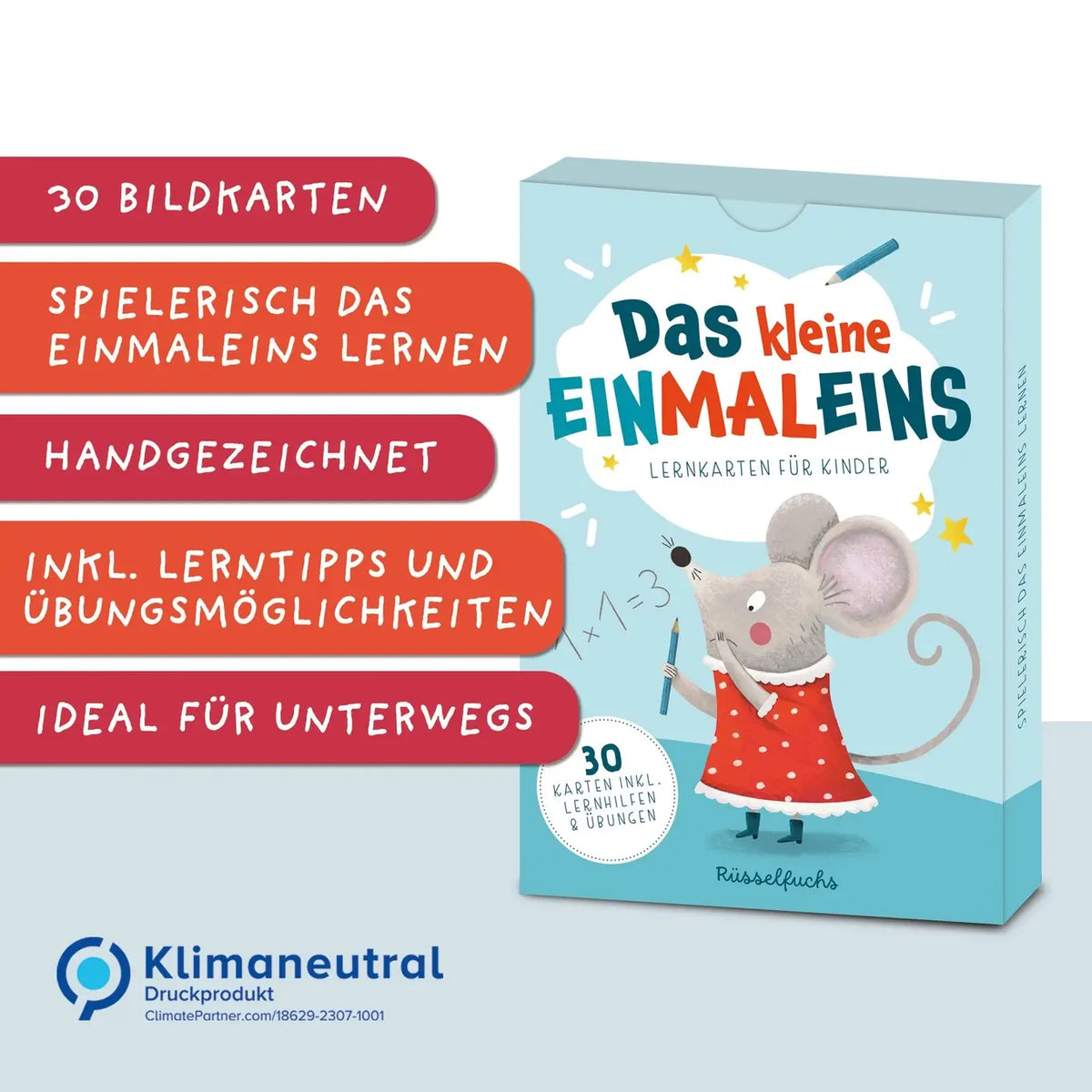 Rüsselfuchs – Einmaleinskarten mit Zahlenreihen 1-10 inkl. Lerntipps & Übungen "Das kleine Einmaleins"