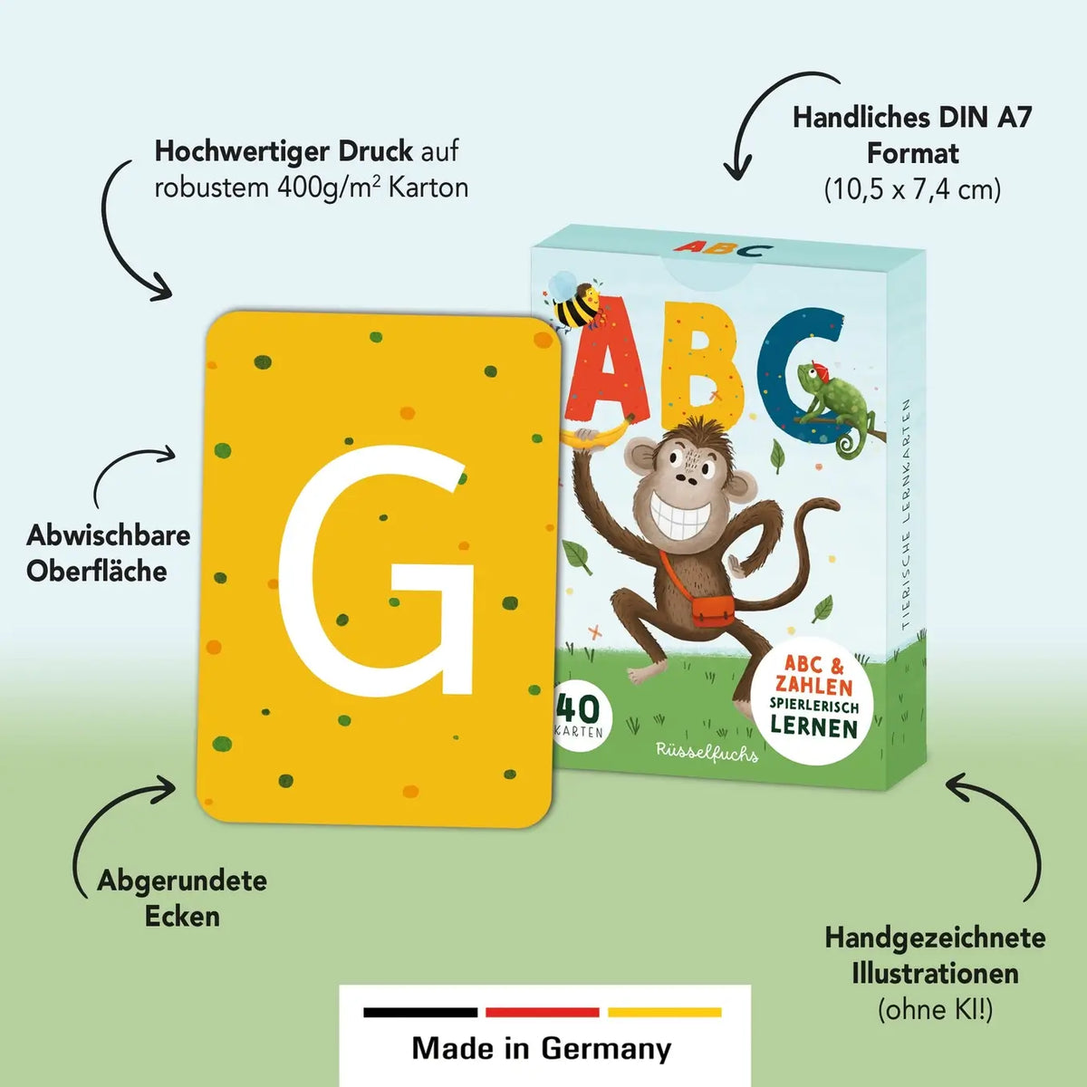 Rüsselfuchs – ABC-Kartenset, 30 Buchstabenkarten und 10 Zahlenkarten